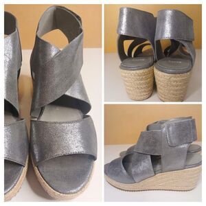 Eileen Fisher Sz 9 Platform Wedge Espadrille Sandal Leather Metallic Gray $198